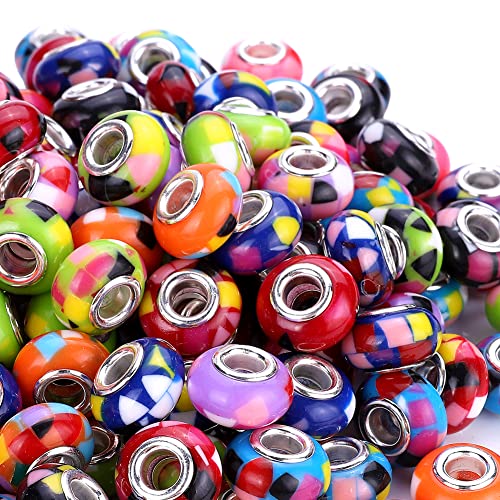 100 Pieces 14mm European Large Hole Spacer Beads Mix Color with Silver Brass Cores Assortments Charm Lampwork Beads Supplies for Necklace Bracelets Jewelry Making (Mosaic Beads) - color: Mosaic beads
