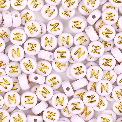 300Pcs Letter Beads N 4X7mm Gold Alphabet Beads Acrylic Round Shape Loose Beads for Name Bracelets Necklaces Key Chains DIY Jewelry Making (N) - color: Gold, size: N