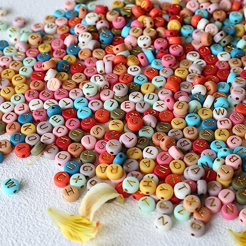 1000Pcs Colourful Acrylic Letter Beads 4x7mm Round Alphabet Beads with Gold Alphabet A-Z for Bracelets Necklace Jewelry Making Supplies（Gold Letter/Pink） - color: 47 gold-color/A