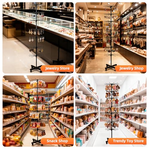 Retail Display Stand 7-Tier 360° Rotating Rack Shelves Retail Show Displays,Adjustable Height & Locking Wheel Store Display for Toys Jewelry Keyring Socking Hats Snacks Nail Accessories (Black,Metal)