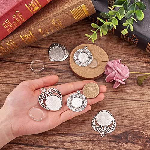 FASHEWELRY 6 Sets Tibetan Style Round Bezel Pendant Trays with Clear Glass Cabochon Dome Tiles for Photo Pendant Craft Jewelry Making - color: Heart & Flat Round