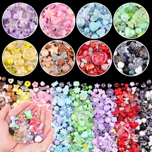 500-550PCS TINKRSTUFF Assorted Acrylic Beads, 8 Colors Mixed Cute Beads for Bracelet Making, Bow Aesthetic GummyBear Flower Butterfly Kawaii Charms for Jewelry Making DIY Necklace Keychain Phone Charm - color: 8 Color Series-Pink+Blue+Purple+Green+Red+Bla