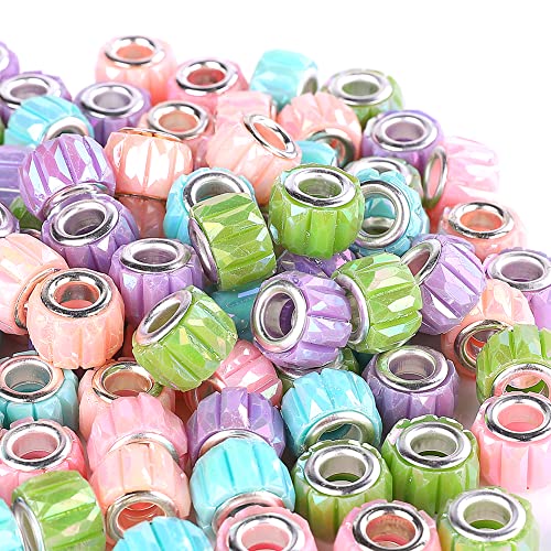 100 Pieces 14mm European Large Hole Spacer Beads Mix Color with Silver Brass Cores Assortments Charm Lampwork Beads Supplies for Necklace Bracelets Jewelry Making (Opaque Baguette Diamonds) - color: Opaque baguette diamonds