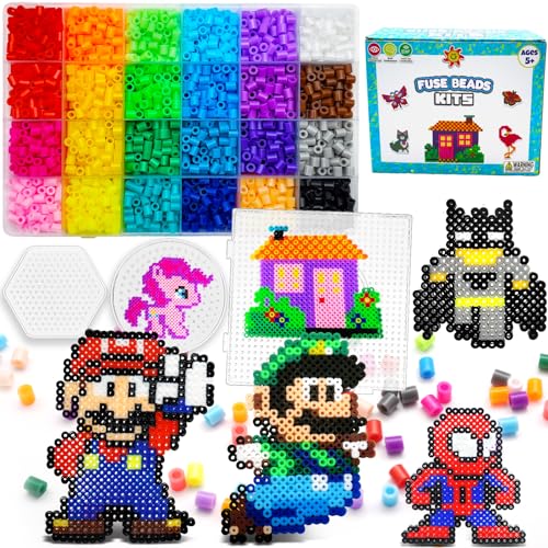 FUNZBO 5200 5mm Fuse Beads Kit - 24 Colors | 66 Patterns, School Crafts Toys for Girls Ages 8-12, Arts and Crafts for Kids Ages 6-8, Birthday Gifts for Girls Boys Age 5 6 7 8 9 10 11 12 Year Old - size: 5200 pcs with Pegboards