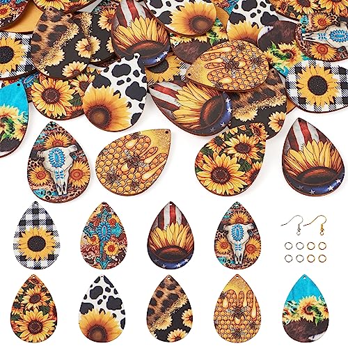 Elecrelive 36pcs Western Style Wood Earring Charms Cowhead Flower Big Teardrop Wood Pendants with Ear Hook & Jump Rings for DIY Jewelry Making - color: Western Style-3
