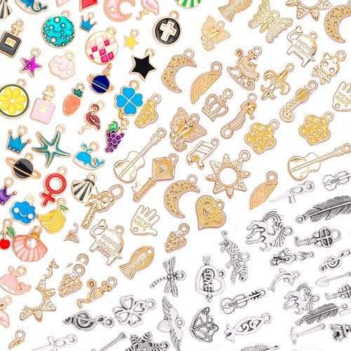 SANNIX 90Pcs Bangle Charms for Jewelry Making, Assorted Charms Mixed Enamel KC Gold Tibetan Silver Charm Pendants for Bracelets Necklaces Earrings Making and Crafting - color: Multicolored