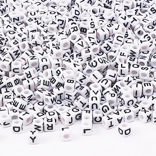 Augshy 1400pcs Square Acrylic Alphabet Beads Bracelet A-Z Cube Letters Beads for Bracelets Necklaces Phone Lanyard Making with 1 Roll 10M Crystal String Cord for Jewelry Making(6mm) - color: White