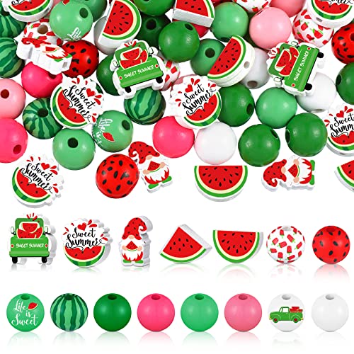 Bencailor 200 Pieces 16 mm Watermelon Painted Wood Beads for Craft Watermelon Colored Wooden Beads with Hole Summer Wood Round Loose Beads Wooden Spacer with Rope for DIY Garland Jewelry Making - color: Watermelon Style