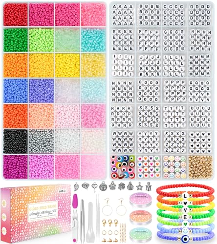 Sistenia 12,000pcs 3mm Uniform Seed Beads Size 8, 1000 Pcs Letter Beads 28 Colors Loom Seed Beads for Jewelry Making, Tiny Beads for Bracelets Making