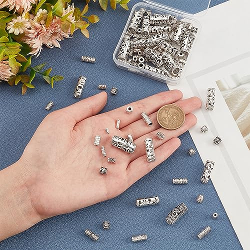 PH PandaHall 120Pcs Tibetan Silver Beads, 12 Style Large Hole Spacer Beads, Alloy Charms Assorted Column for Jewelry Making Crafts DIY