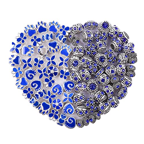 60 Pieces Assorted European Beads with Plating Silver Metal Alloy Rhinestone Large Hole Spacer Beads for DIY Charm Bracelet Jewelry Making (Blue) - color: Blue