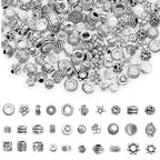 200PCS 1-5mm Hole Spacer Beads Tibetan Antique Silver Rondelle Spacers Bead, Assorted Styles Metal Filigree Loose Ball Bead Charms Kits for Bracelets Jewelry Making