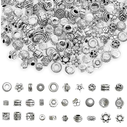 200PCS 1-5mm Hole Spacer Beads Tibetan Antique Silver Rondelle Spacers Bead, Assorted Styles Metal Filigree Loose Ball Bead Charms Kits for Bracelets Jewelry Making