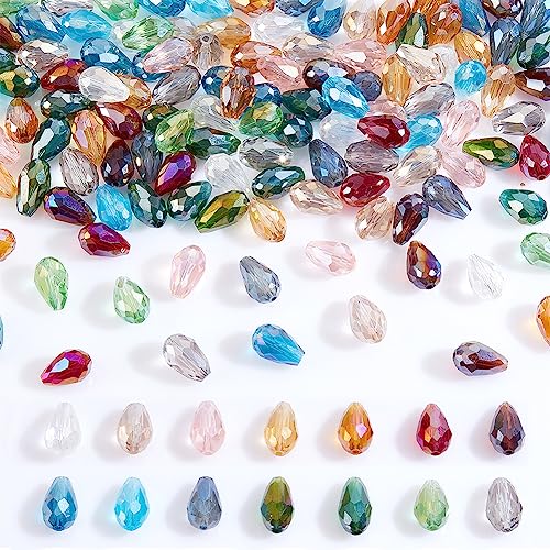 AHANDMAKER 140 Pcs Faceted Teardrop Glass Beads, 14 Colors Clear Waterdrop Crystal Glass Beads Center Drilled Drop Spacer Beads for DIY Craft Jewelry Necklace Bracelet Earring Making, Hole: 1mm - color: 14 Colors Waterdrop
