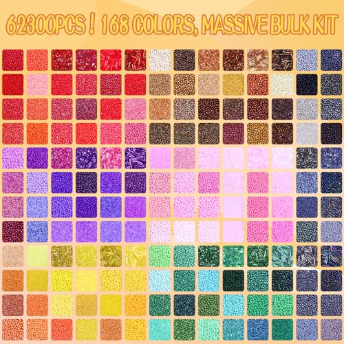 SONGIN 62,300pcs Seed Beads kit with Bugle Beads, 7 Boxes Assorted Glass Bead Set for Jewelry Making, Featuring 2mm Seed & Long Short Tube Bead for DIY Bracelets, Necklaces, and Crafts