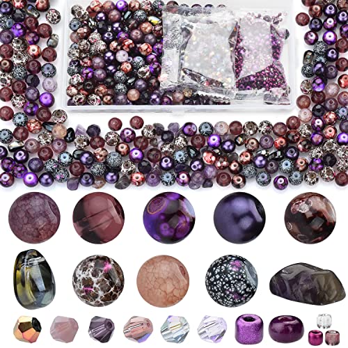 900pcs Glass Craft Beads for Bracelet Making Kit, Include Assorted Round/Bicone/Seed/Rock Beads and Teardrop Pendant for Jewelry Making, Necklace, Art, Designer Charms - color: PURPLE