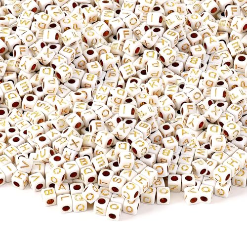 Augshy 1400pcs Square Acrylic Gold Alphabet Beads A-Z Cube Letters Beads for Bracelets Necklaces Phone Lanyard Making with 1 Roll Crystal String Cord for Jewelry Making(6 mm) - color: Gold