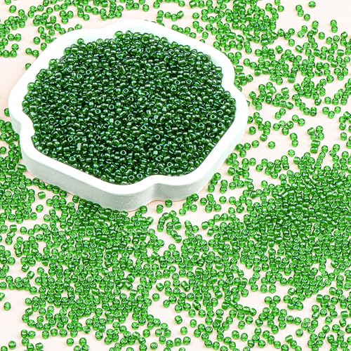 8/0 Glass Seed Beads Bulk, Green Transparent 3mm Tiny Round Craft Seed Bead, Small Mini Pony Beads for Jewelry Making Bracelet Necklace Wrist Beading Weaving Supplies, 2500pcs - color: Green Transparent