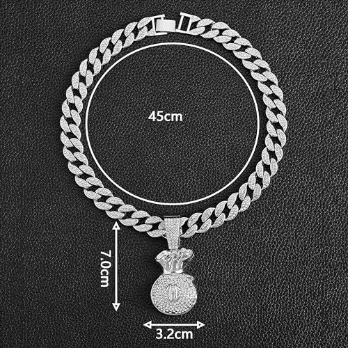 Ice Out Chain for Men Premium Zircon Stones Hypoallergenic Durable Hip-Hop Streetwear Chain Necklace Men - color: Silver, style: Dollars Bag