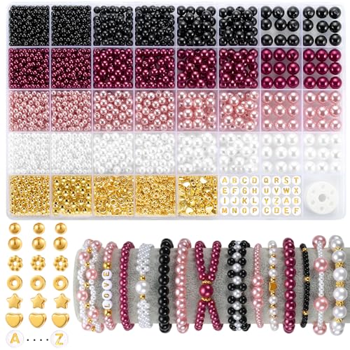 2256pcs Pearl Beads for Jewelry Making, Funtopia 4 Sizes Pink Black White Round Beads for Bracelets, Bracelet Making Kit with Gold Spacer Beads Letter Beads for Crafts Necklaces Earrings DIY - color: 4.Pink and Black
