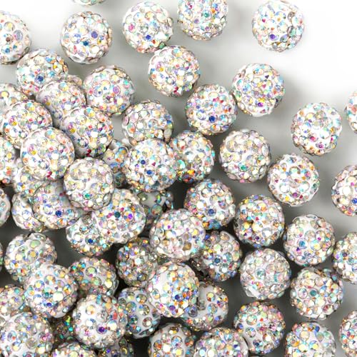 10mm Clay Rhinestone Beads for Bracelets, 100 Pcs Sparkle Crystal Beads for Jewelry Making, Glitter Round Shamballa Disco Ball Design for DIY Crafts Necklace Earrings Decoration (White B) - color: White B