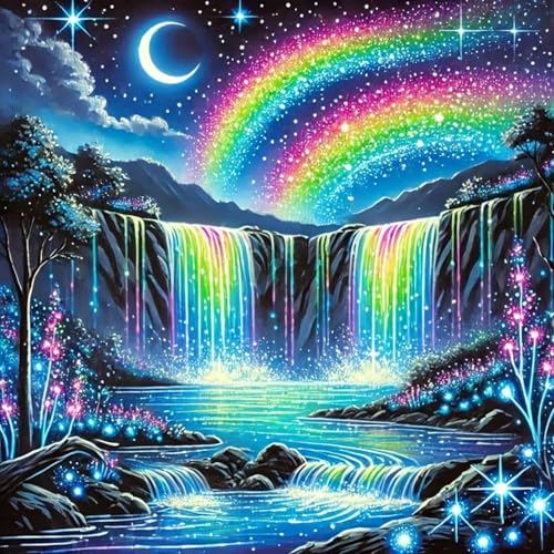 5D Diamond Art kits for Adults Beginners, Glowing Rainbow Waterfall Night Scene Diamond Painting Kits, DIY Full Round Drill Paint by Diamonds Dot Gem Art for Adults, Home Wall Decor 13.7x 13.7 Inch - color: KM937-1