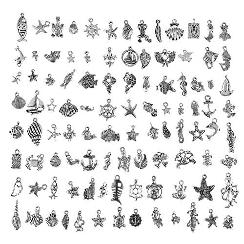 CCINEE Wholesale 100 Pieces Assorted Antique Charms Ocean Themed Sliver Pendants for Jewelry Making and Craft Making