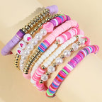 COLORFUL BLING 5-12Pcs Bohemian Love Heart Bead Bracelets for Women Vinyl Disc Heishi Surfer Stackable Stretch Bracelet Summer Beach Boho Jewelry - color: 8pcs purple pearl