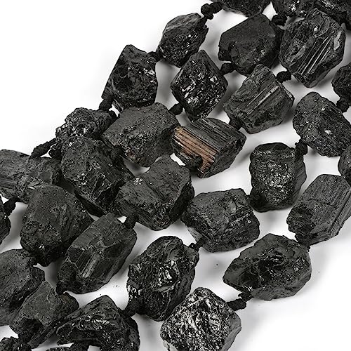 Black Tourmaline Gemstone Crystal Nugget Raw Graduated Beads Strand 2mm Hole Drilled - color: Black Tourmaline