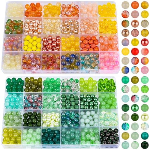 XSEINO About 1200PCS 8mm Glass Beads Bracelet Making Kit，48 Assorted Yellow and Green Series Colorful Crystal Beads for Making and DIY Crafts - color: 2Box Yellow&Green Glass Beads