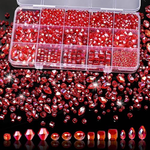 Song Xi 1500PCS Glass Beads for Jewelry Making, Assorted Faceted Crystal Beads Kit for Bracelet Earring Necklace, for DIY Clear and Iridescent Christmas Gift (AB Red) ﻿ ﻿ - color: AB Red