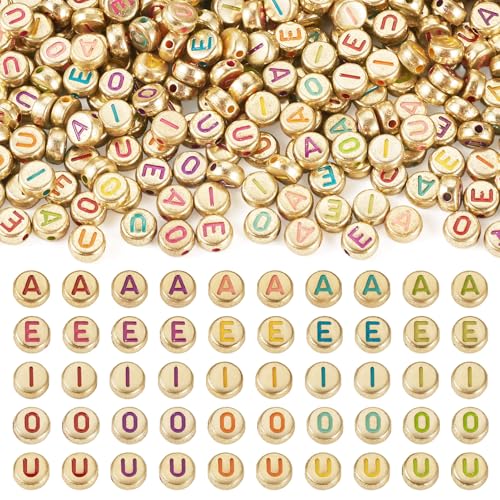 500Pcs Golden Letter Beads for Bracelet, 7x3.5mm Flat Round Vowel Alphabet Beads Enamel Acrylic Initial Bead for Friendship Necklace Keychain Jewelry Making - color: Golden, Flat Round, size: 7x3.5mm