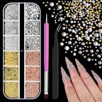 3D Mini Small Metal Stainless Steel Caviar Nail Beads Balls, 0.8-3mm Gold Silver Alloy Nail Art Chain Charms Studs with Tweezers and Dual-end Brush (4-K1-metal-beads-rhinestones) - color: 4-K1-metal-beads-rhinestones