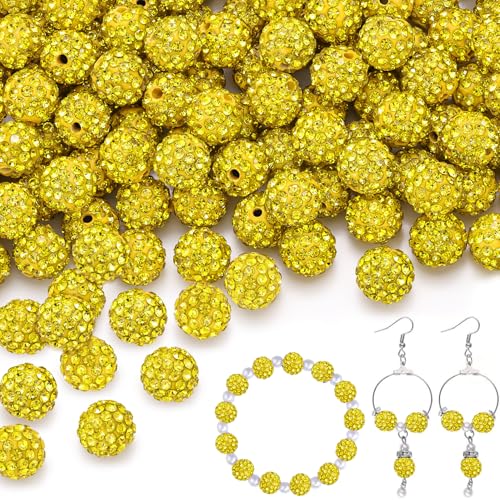 150 pcs 10mm Rhinestone Beads for Jewelry Making, Yellow Shiny Round Shamballa Disco Beads Bulk, Sparkle Crystal Clay Christmas for Bracelet Baseball Necklace Earring Crafting and DIY - color: Citrine, size: 10mm/150pcs