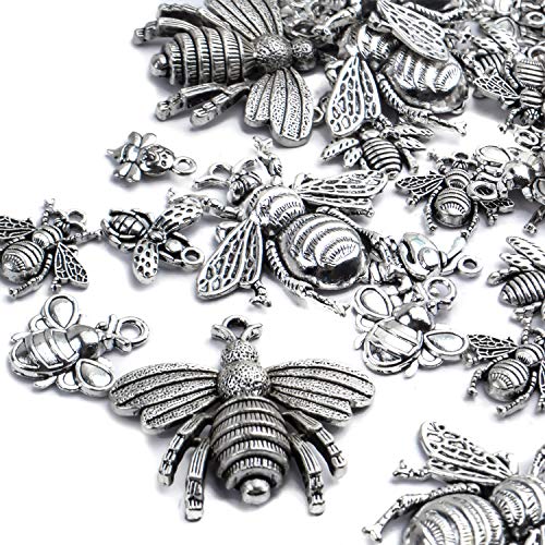 100g (30-60pcs) Antique Silver Mixed Honey Bee Charm Pendants Alloy Bee Pendant Flying Insect Charms Craft Supplies for DIY Necklace Bracelet Jewelry Making - style: Silver Bee Charms