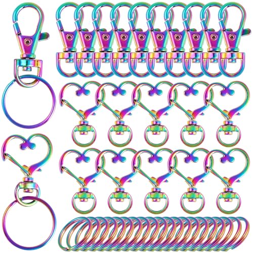 Rainbow Swivel Clasps Lanyard Snap Hook with Split Key Rings 40 PCS- Heart Snap Hook for Lanyard Keychain Purse Handbag Jewelry Making DIY Bag Pendant Craft - color: Rainbow Clasps Keychain -20sets