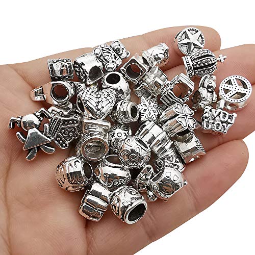 55pcs Assorted Alloy European Large Hole Beads Metal Spacer Charms Bead Assortments for DIY Crafts Bracelets Necklaces Jewelry Making (M190) - color: Alloy
