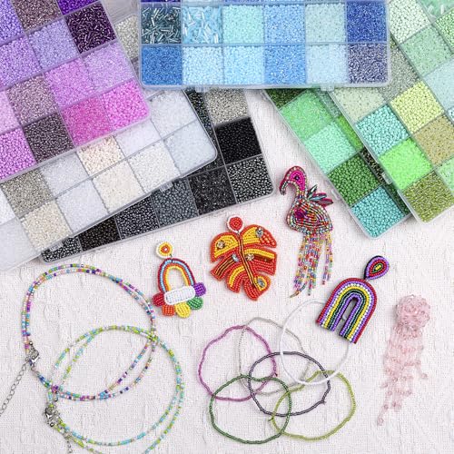 51600pcs Seed Beads Kit, 144 Colors 2mm Seed Beads & 7mm Long Bugle Beads Set, 12/0 Small Mini Craft Pony Beads for Jewelry Making Supplies for DIY Bracelet, Necklace, Crafts