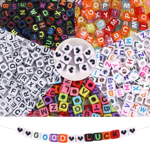 Quefe 1440pcs Acrylic Letter Beads Multicolored Cube Sorted Alphabet Beads for Jewelry Making, Bracelets, Necklaces, Key Chains 5 Colors (6 x 6mm) - color: Multicolor