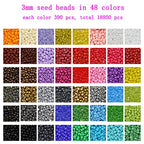 18800Pcs 3mm 48-Color Glass Seed Beads + 260 Alphabet Letter Beads DIY Jewelry Making Kit | Adult Craft Supplies with Elastic String, Charms, Rings for Bracelet Necklace Art Projects - color: 48 Colors