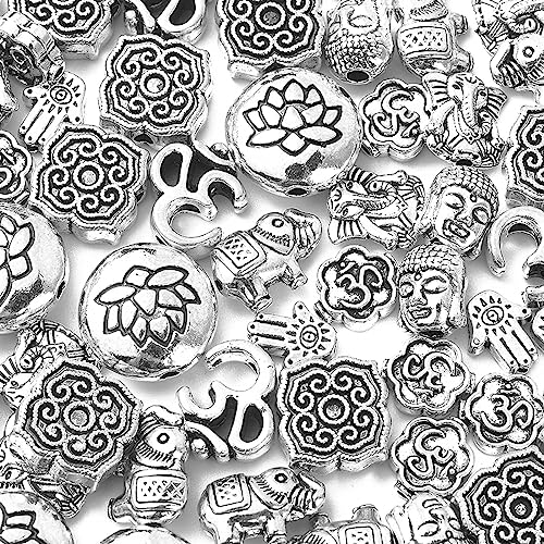 DanLingJewelry 80Pcs 8 Styles Tibetan Religious Beads Antique Silver Buddha Lotus Elephant Religious Spacer Beads for Jewelry Making Crafts - color: 80pcs - religious - 8 styles