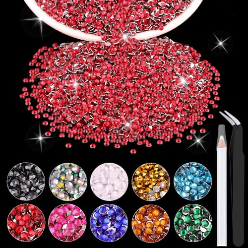 5000PCS 2mm Resin Rhinestones in Bulk (Red), Bedazzling Flatback Crystals for Crafts DIY Nail Decoration, Gems Charms for Tumbler Shoes Clothing Fabric with Pickup Pen and Tweezers - color: A06 Resin Rhinestones (Red), size: 2mm