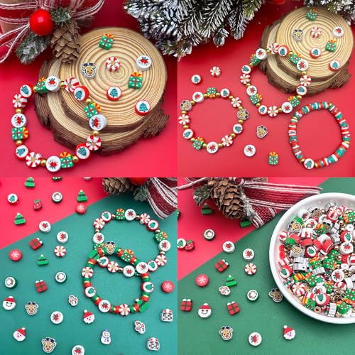 730pcs Christmas Polymer Clay Beads Bracelet Making Kit, Gold Beads Clay Bead Charms for Jewelry Making DIY Bracelet, Necklace, Earring, Christmas Charms Arts Crafts DIY Gifts - color: 1 Christmas model
