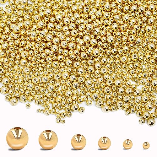 600pcs 14K Gold Beads,Seamless Gold Round Beads,Brass Loose Beads,Spacer Beads that Do Not Fade Easily,Gold Beads for Bracelet Necklace Making (2MM) - size: 2MM