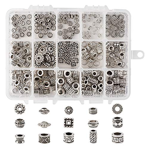 Beadthoven 300pcs 15 Style Antique Silver Large Hole Mixed Spacer Beads Tibetan Alloy Column Bicone Square Barrel Metal Spacers for Jewelry Necklace Bracelet Making - color: Antique Silver-Mixed 15 Styles