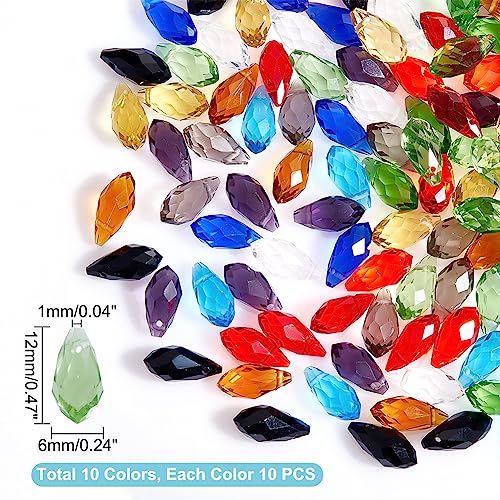 AHANDMAKER 100 Pcs Faceted Teardrop Glass Beads, 10 Colors Transparent Waterdrop Crystal Glass Beads Top Drilled Drop Spacer Beads for DIY Craft Jewelry Necklace Bracelet Earring Making, Hole: 1mm - color: 10 Colors Teardrop