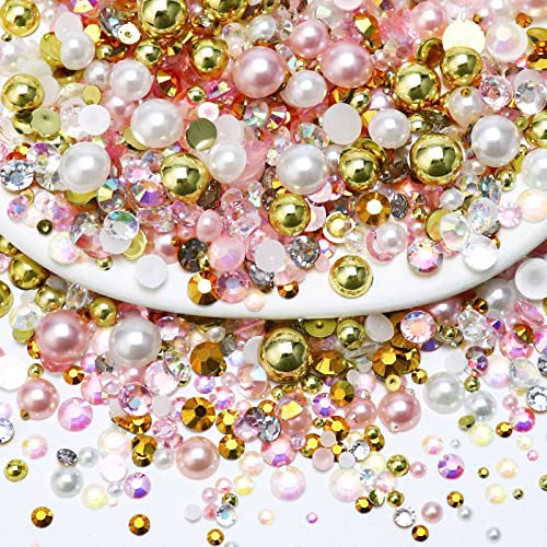 60g Mix Pearls and Rhinestones for Crafts, Flatback Rhinestones and Pearls for Nails Face Art, 2mm-10mm Mixed Sizes Half Pearls and Rhinestones for Tumblers Shoes, Pink|Gold|White - color: Glam Pink Goddess Blend | Mix Pink | Gold | White