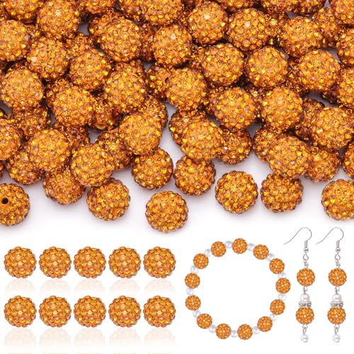 105pcs 10mm Rhinestone Beads for Jewelry Making, Golden Shiny Round Disco Ball Beads Bulk, Sparkle Crystal Clay Christmas for Bracelet Baseball Necklace Earring Crafting and DIY - color: Golden, size: 105 pcs