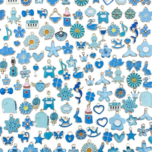 50/100 pcs Enamel Charms, Alloy Flowers Heart Sewing Butterfly Themed Charm Pendants for Jewelry Making, Assorted Gold Plated Dangle Charms for DIY Necklace Bracelet Earring Craft - color: Blue - 100 pcs