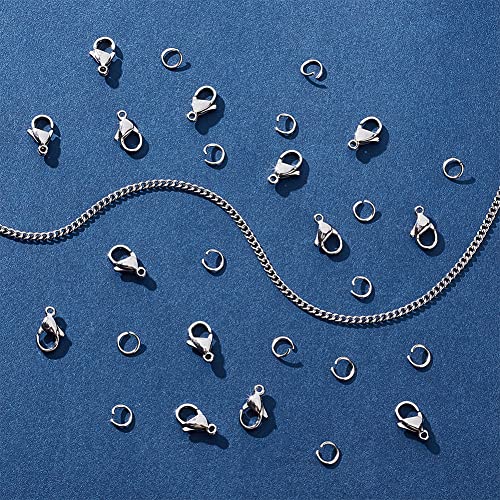 PH PandaHall 33 Feet 304 Stainless Steel Curb Cable Chain 2mm Link Necklace Chain with 20pcs Lobster Claw Clasps and 30pcs 6mm Open Jump Rings for Bracelets Necklaces Jewelry DIY Crafts Making